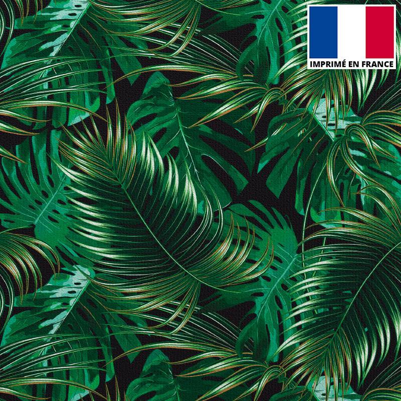 Velours ras noir motif feuilles de palmier vertes