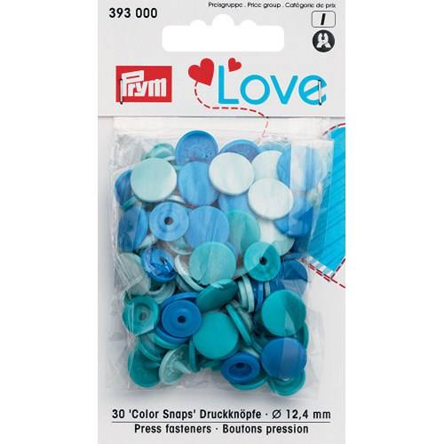 Sachet de 30 boutons-pression ronds Prym Color snaps turquoise/bleu ciel/bleu 
