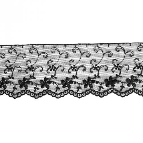 Dentelle broderie 70mm motif fleurs sur tulle noir
