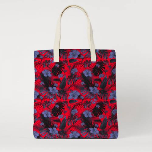 Toile canvas rouge imprimé fleur d'hibiscus bleue