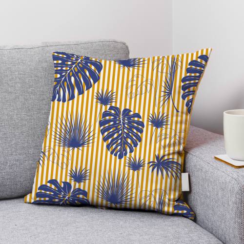 Velours ras écrue motif palme bleu majorelle à rayures jaunes