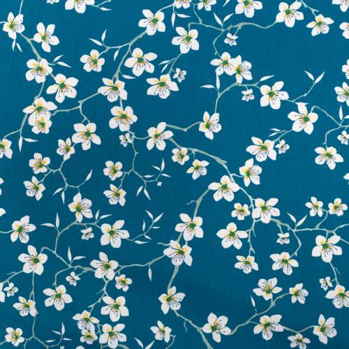 Coton bleu motif fleur d'amandier blanche