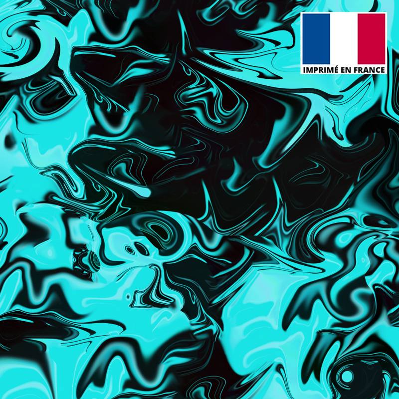 Lycra motif fluide noir et bleu turquoise
