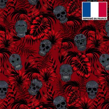 Tissu burlington rouge imprimé jungle tête de mort grise
