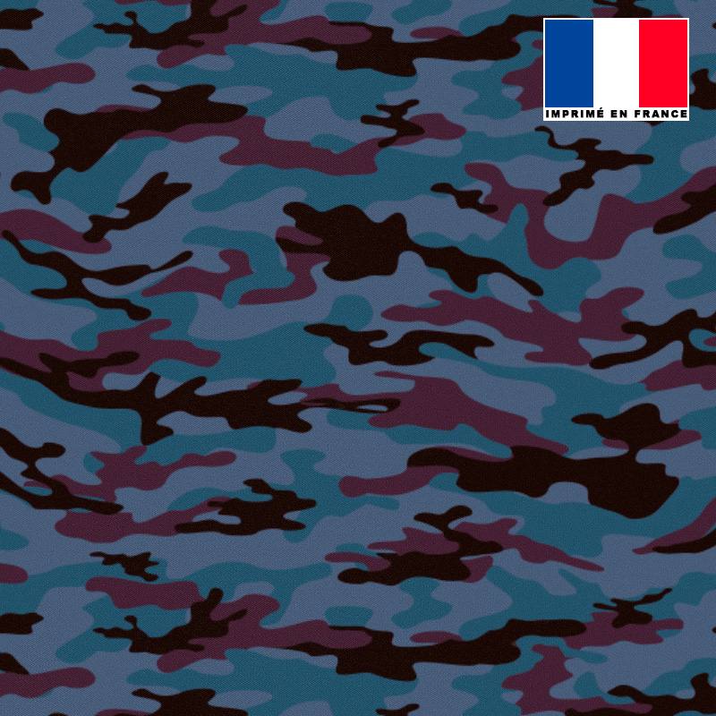 Maille scuba bleu turquin imprimée camouflage bordeaux et noire