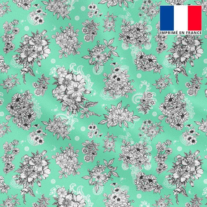  Tissu  microfibre vert  d  eau  motif  floral fond cachemire 