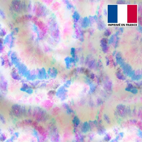 Tissu microfibre écru motif tie and dye rose et bleu