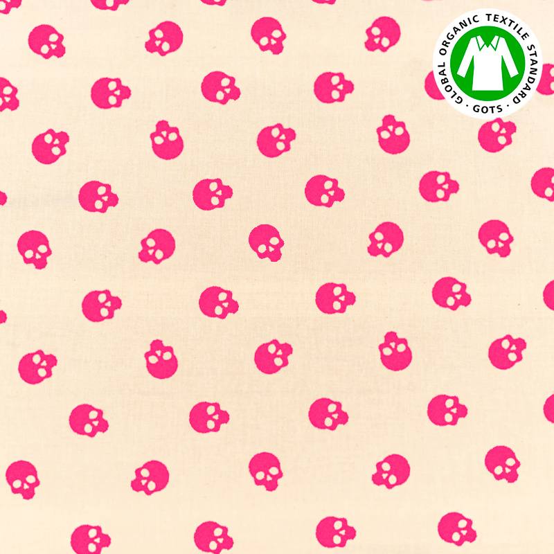 Coton bio naturel motif tête de mort rose fluo
