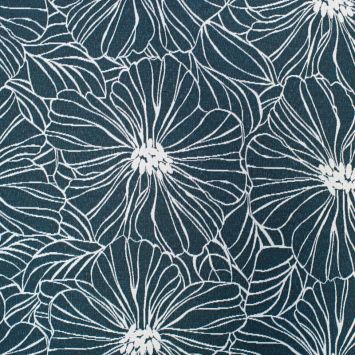 Tissu jacquard réversible motif fleur bleu canard et blanc grande largeur