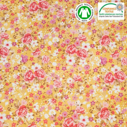 Coton bio jaune maïs motif petites fleurs roses Oeko-tex