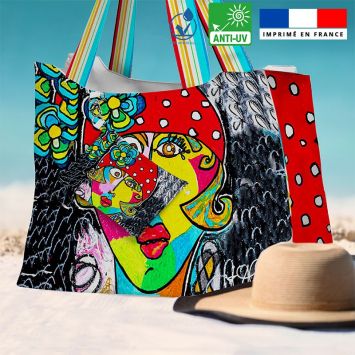 Kit sac de plage imperméable motif femme moderne et fleur colorée - King size - Création Razowsky