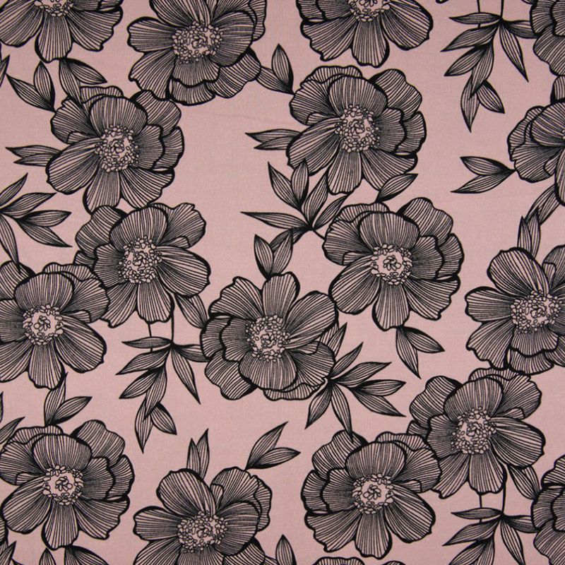 Tissu viscose rose motif grosses fleurs noires