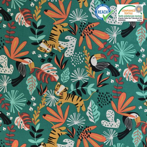Coton vert émeraude motif jungle kimang Oeko-tex