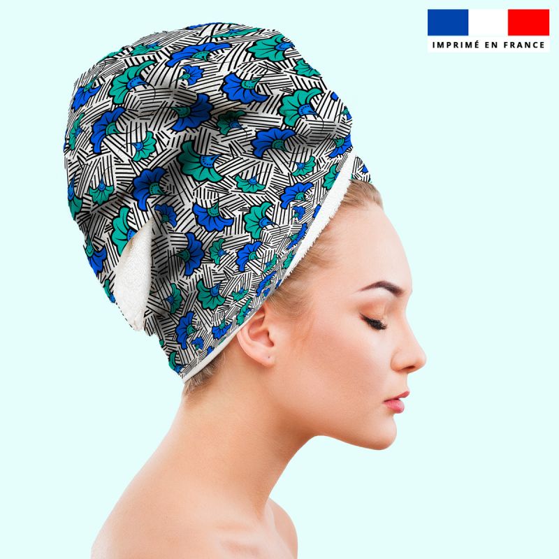 Coupon éponge pour serviette turban cheveux blanche motif fleur de mariage bleue et verte wax