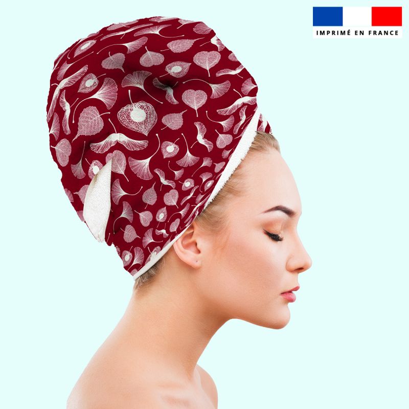 Coupon éponge pour serviette turban cheveux motif feuille ginkgo rouge