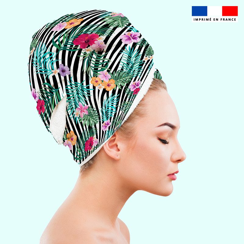 Coupon éponge pour serviette turban cheveux motif fleur tropicale et zébrures