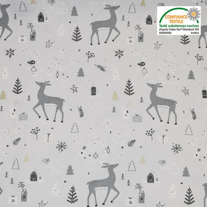 Coton gris motif rennes de Noël carybooh Oeko-tex