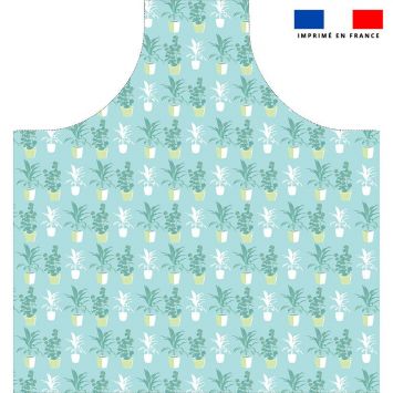 Patron imprimé pour tablier bleu motif plantes en pot - Création Nathalie Gravey