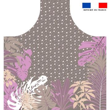 Patron imprimé pour tablier taupe motif feuilles exotiques mauves - Création Nathalie Gravey
