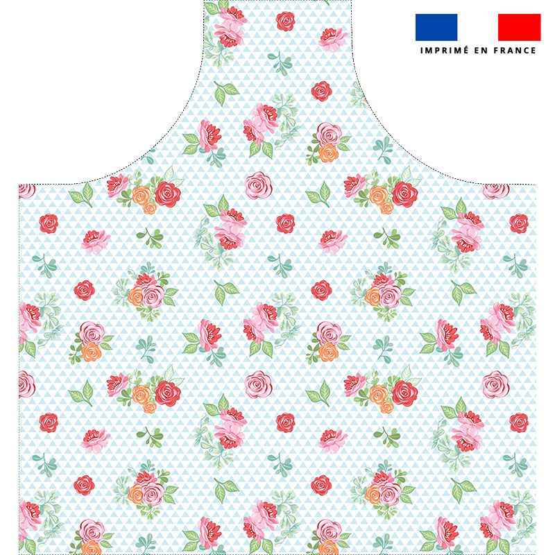 Patron imprimé pour tablier triangle bleu et blanc motif rose - Création Nathalie Gravey