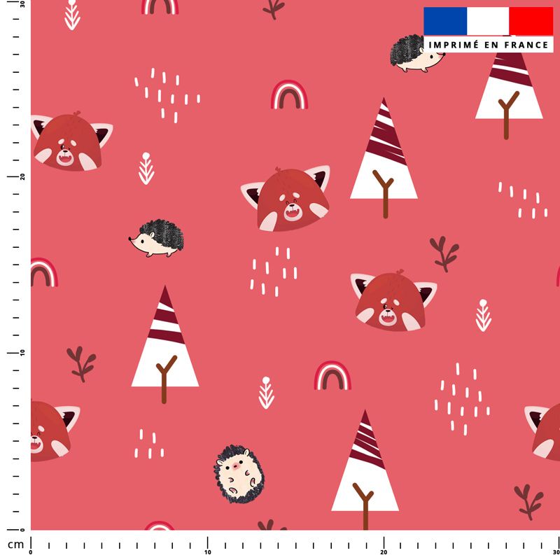 coupon - Coupon 400cm - Panda roux et arc-en-ciel - Fond rouge - Polaire 240 gr/m² - 150 cm