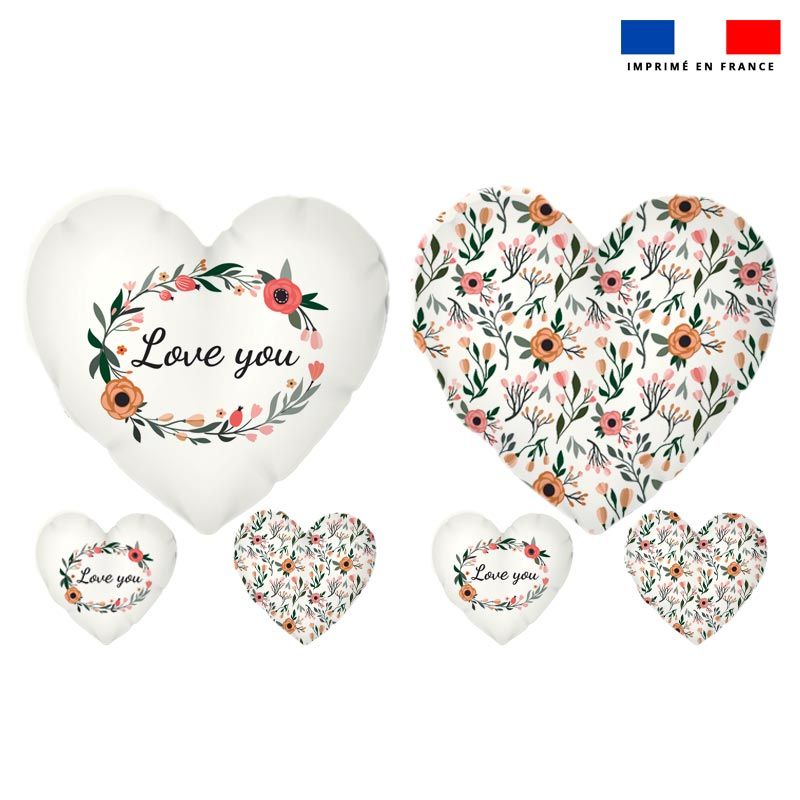 Lot 2 coupons pour coussin coeur motif love you