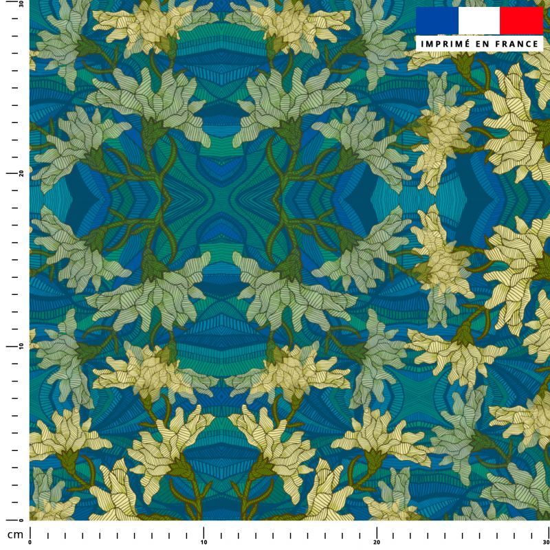 Grandes fleurs jaunes - Fond bleu géométrique - Création Lita Blanc