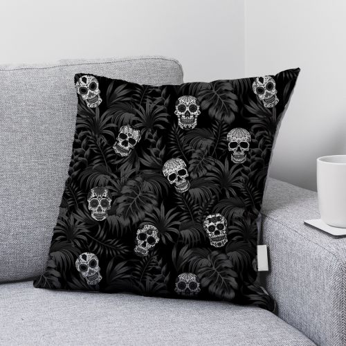 Popeline de coton peigné noire motif jungle tête de mort blanche