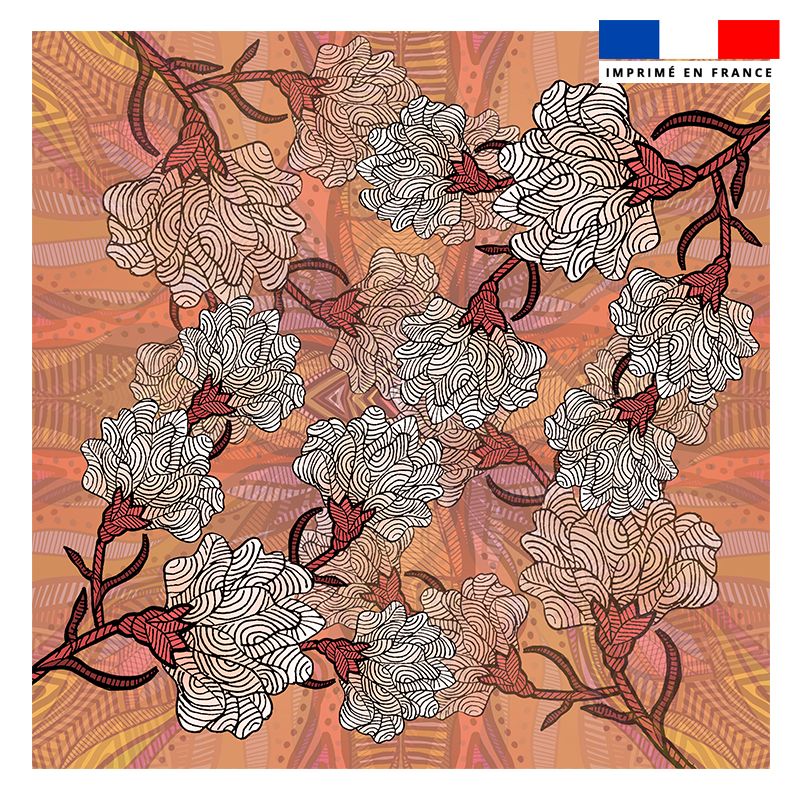 Coupon 45x45 cm orange motif fleurs abstraites blanches - Création Lita Blanc