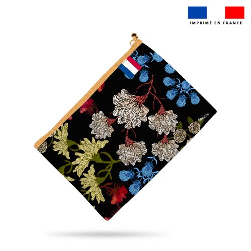 Kit pochette noir motif grosses fleurs multicolores - Création Lita Blanc