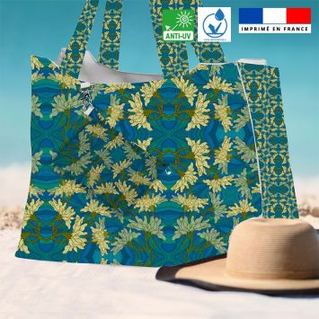 Kit sac de plage imperméable bleu motif grandes fleurs jaunes - King size - Création Lita Blanc