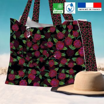 Kit sac de plage imperméable noir motif rose - King size - Création Lita Blanc