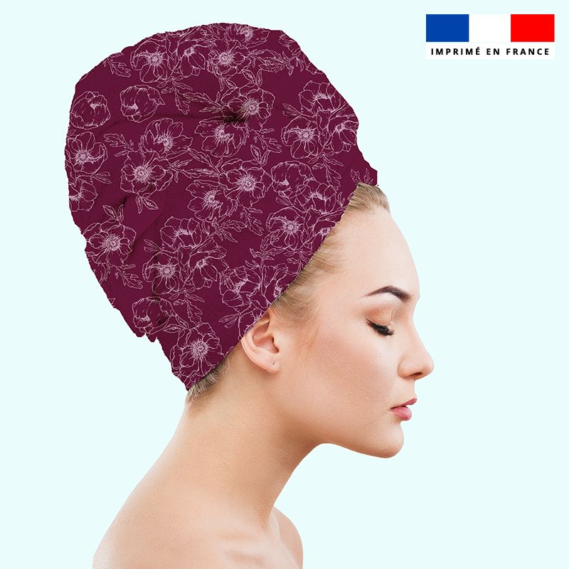 Coupon éponge pour serviette turban cheveux bordeaux motif fleur blanche - Création Anne Clmt