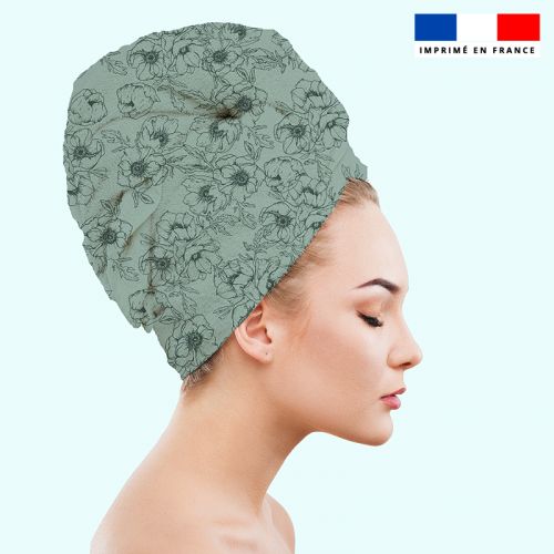 Coupon éponge pour serviette turban cheveux vert motif fleur vert foncé - Création Anne Clmt