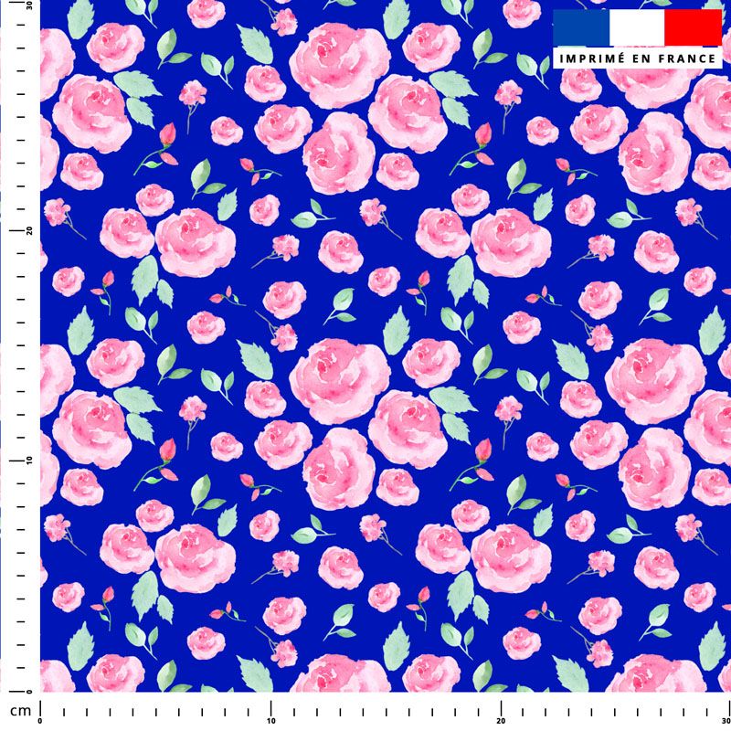 Petite pochette plate coton bleu foncé motif fleurs rouges et roses