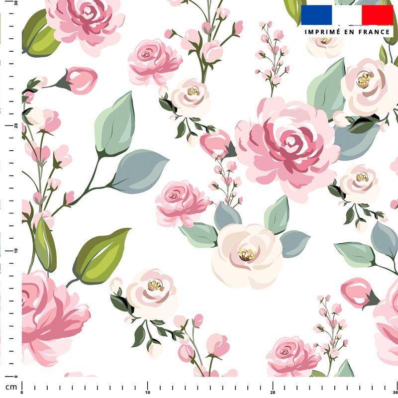 Grandes roses blanches et roses - Fond blanc