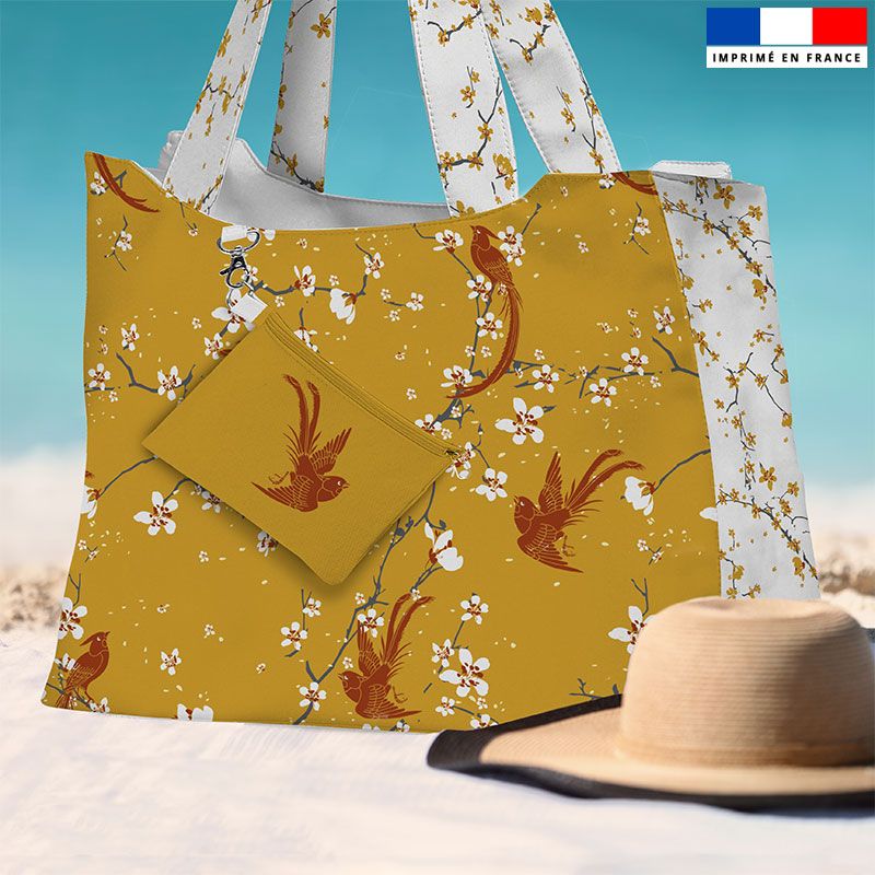 Kit sac de plage imperméable ocre motif fleur de cerisier - King size