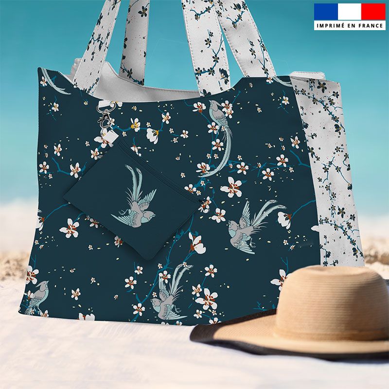 Kit sac de plage imperméable vert paon motif fleur de cerisier - King size