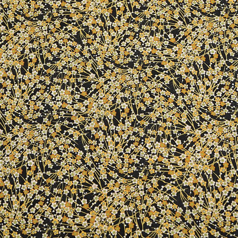 Coton noir motif petites fleurs ocre et brindilles dorées jaron Oeko-tex