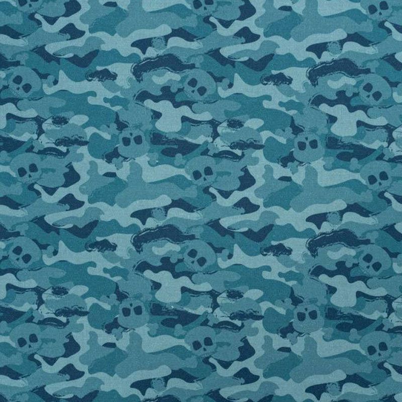 Coton bio bleu motif camouflage et tête de mort Oeko-tex
