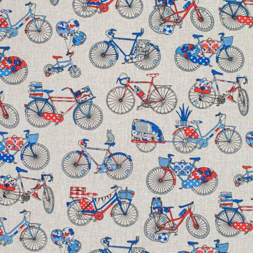 Coton ivoire motif vélo bleu blanc rouge Oeko-tex