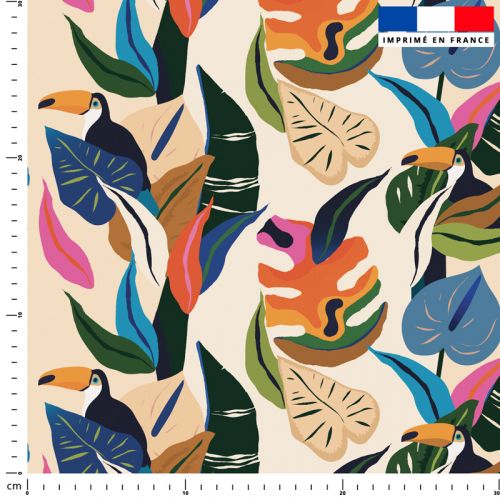 Tissu imperméable motif toucan tropical multicolore