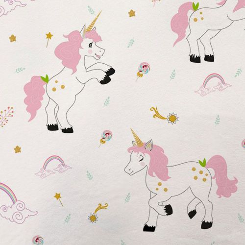 Tissu minky blanc motif licorne et arc-en-ciel Oeko-tex