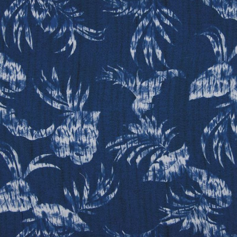 Tissu viscose motif feuille tropicale bleue effet tie and dye