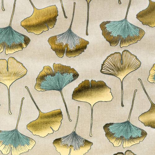 Toile coton chinée naturelle imprimée feuilles ginkgo dorées et bleues