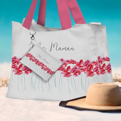 Kit sac de plage imperméable motif coquelicot jolie maman - King size