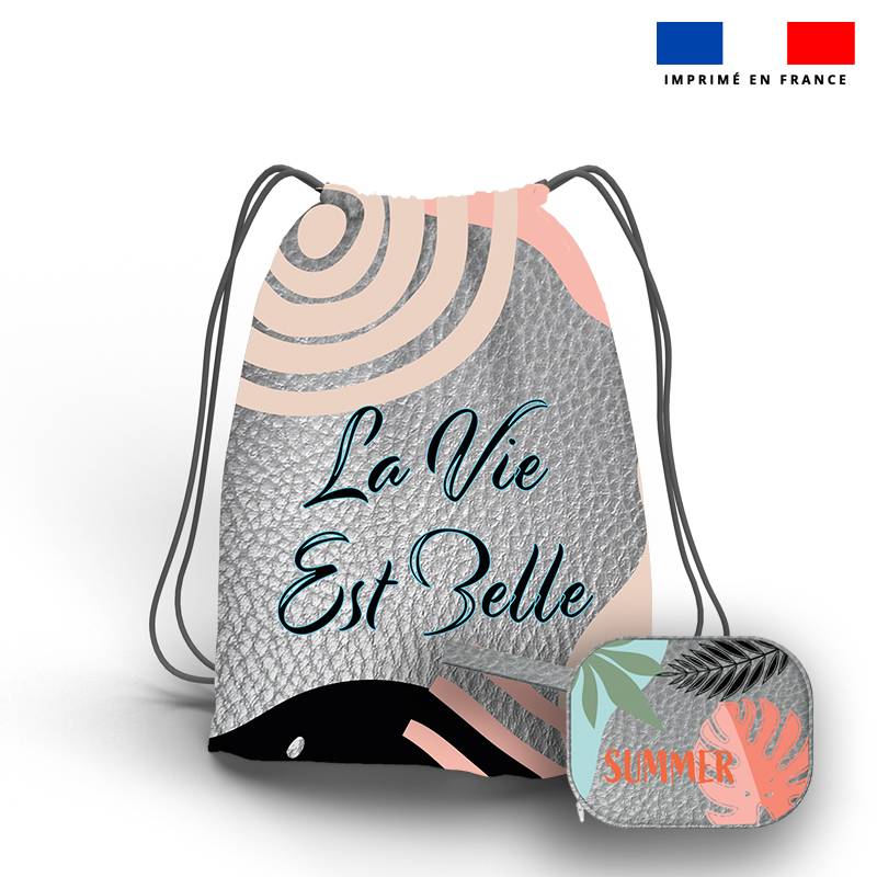Kit sac à dos coulissant + porte-monnaie simili argent motif La Vie est Belle