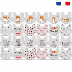 Panneau coton pour lingettes lavables forme chat motif chat roux et gris fond gris