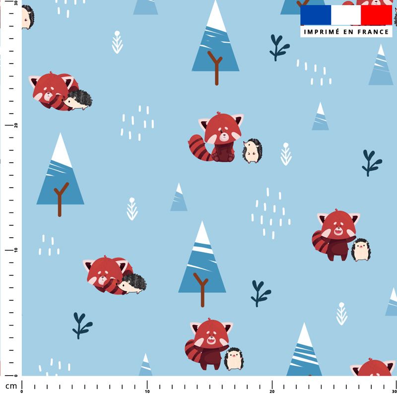 coupon - Coupon 200cm - Panda roux et hérisson - Fond bleu - Polaire Oeko-tex 260 gr/m² - 150 cm