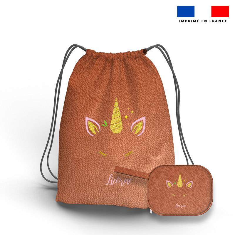 Kit sac à dos coulissant + porte-monnaie cuivre motif licorne